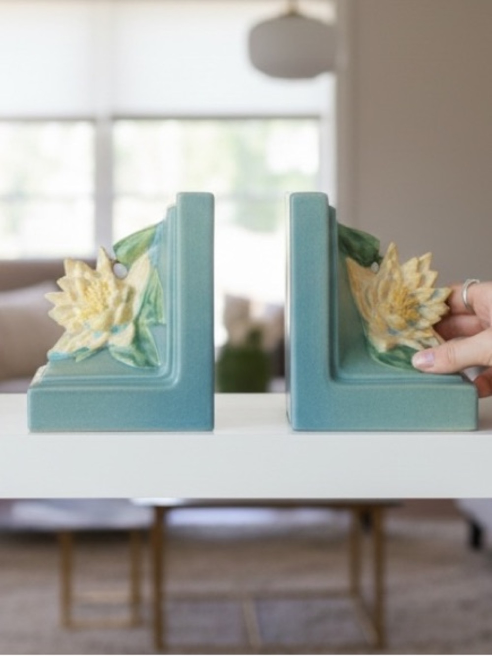 Roseville Pottery Water Lily Bookends • Vintage Art Pottery • Blue Green Glaze